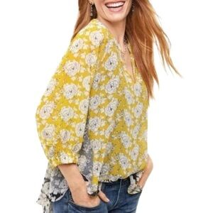 CAbi | White &Yellow Floral Hi Lo Hem Sheer Blouse Boho